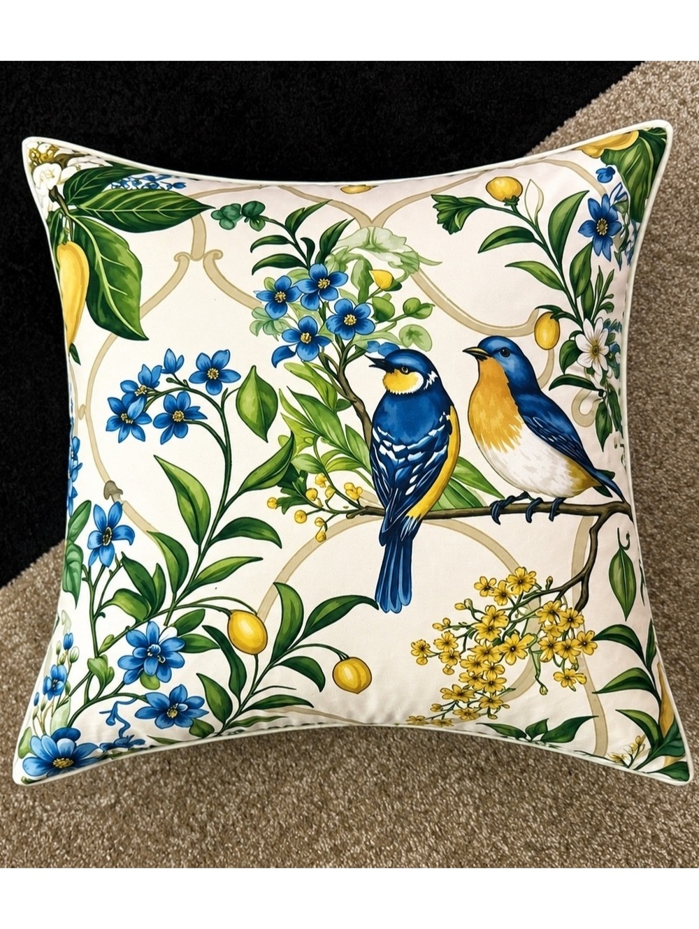 Decorative Square Pillow with Blue Birds and Lemon Print
